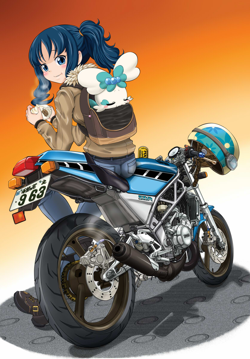 1girl, alternate_hairstyle, backpack, bag, blue_eyes, blue_hair, blush, coffret_(heartcatch_precure!), contemporary, creature, eating, female, food, heartcatch_precure!, helmet, highres, jacket, kurumi_erika, masakichi_(heppouku), motor_vehicle, motorcycle, pants, ponytail, precure, shoes, short_hair, sitting, smile, vehicle