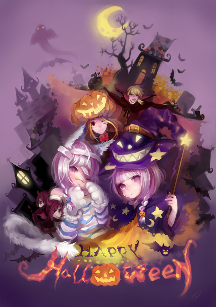 blonde_hair, eleuseus, eyepatch, grey_hair, halloween, leontius, moira, mu_(sound_horizon)