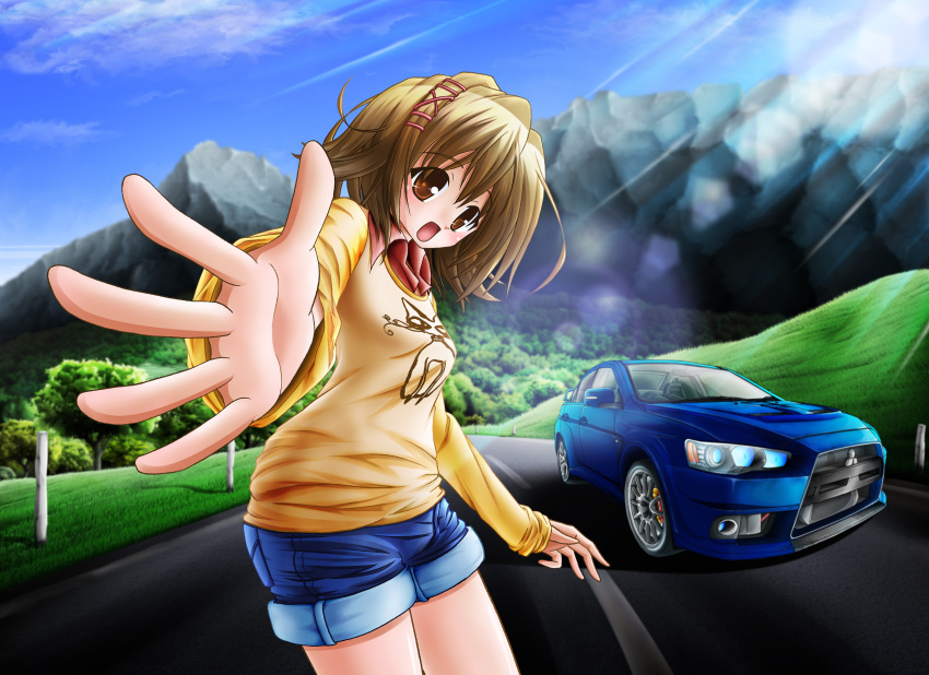 1girl, absurdres, bad_id, brown_eyes, brown_hair, car, female, hair_ornament, hair_ribbon, highres, lancer_evolution, leaning_forward, motor_vehicle, mountain, open_mouth, original, outstretched_arm, perspective, pi-bow, reaching, ribbon, road, short_hair, short_pants, sleeves_past_wrists, solo, vehicle