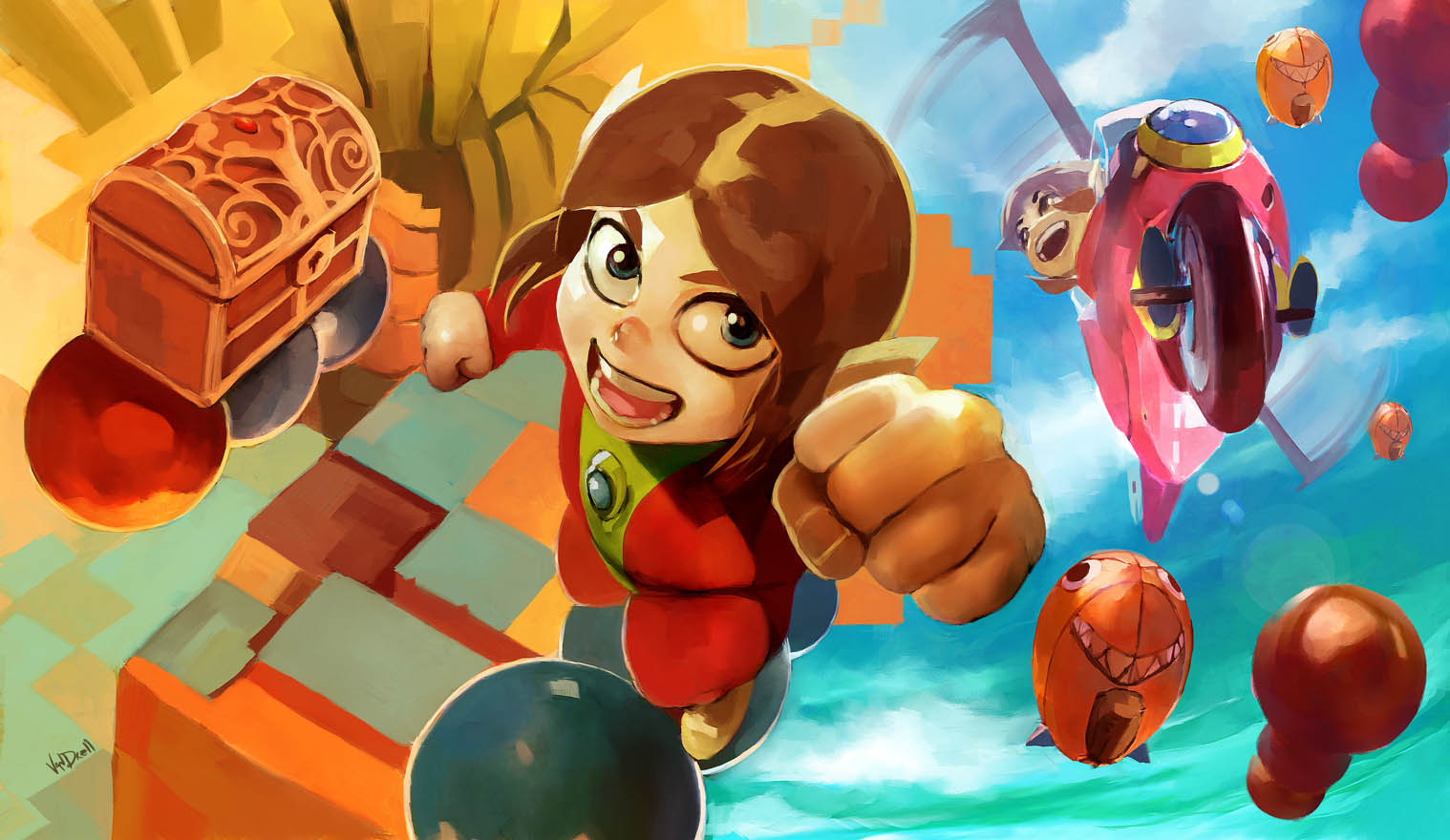 1boy, alex_kidd, alex_kidd_(character), blue_eyes, brown_hair, clenched_hand, clouds, daniel_oduber