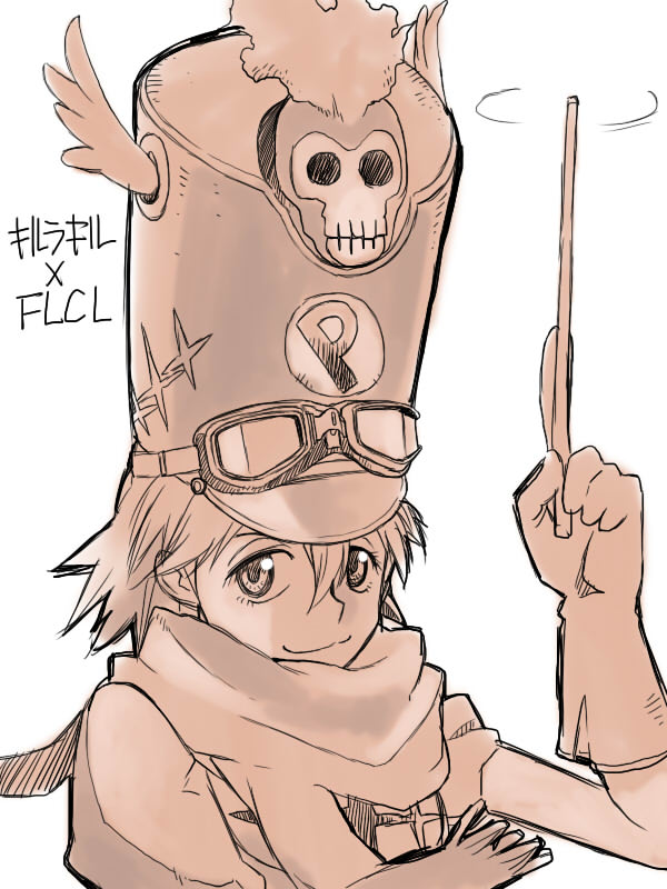 1girl, baton_(instrument), flcl, gloves, goggles, haruhara_haruko, hat, jakuzure_nonon