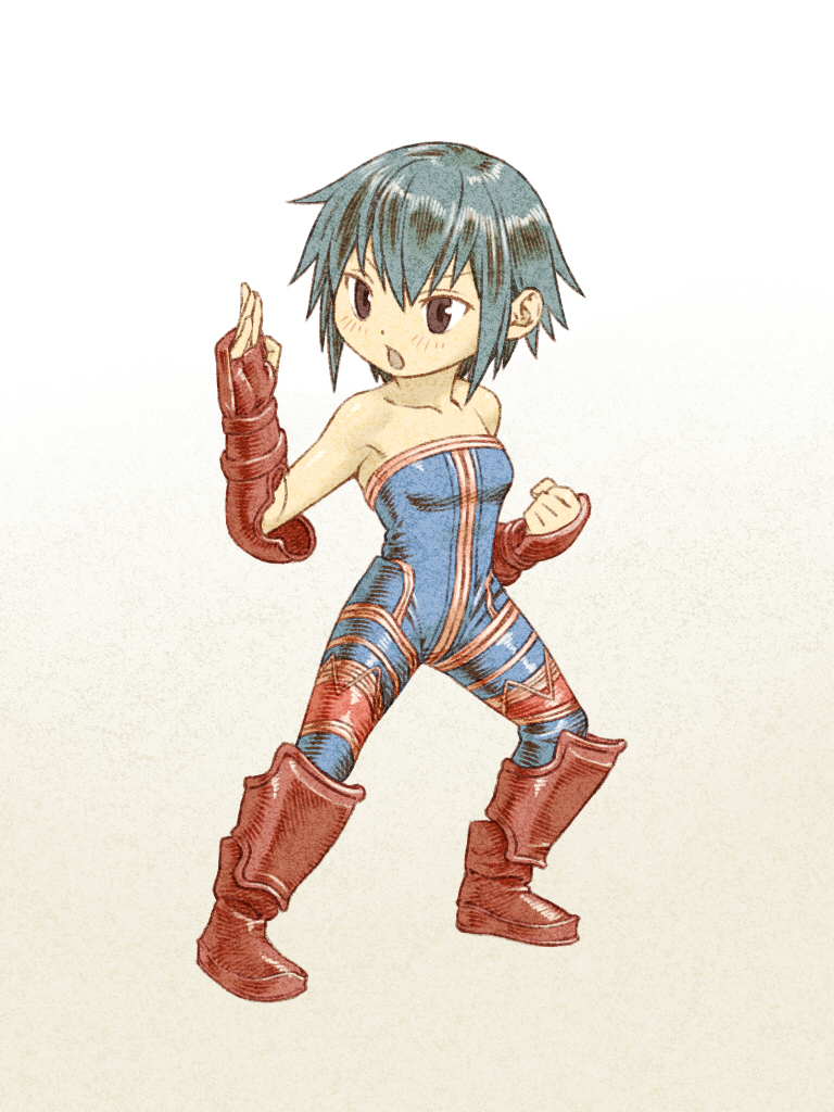 1girl, bare_shoulders, blue_hair, extra, fake_sayaka, fighting_stance, final_fantasy, final_fantasy_tactics, gauntlets, greaves, mahou_shoujo_madoka_magica, monk_(fft), oda_takayuki, parody, short_hair, simple_background, white_background