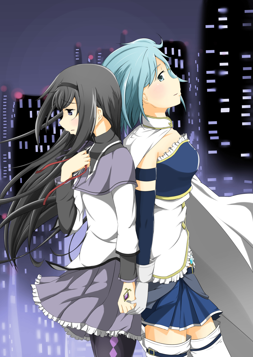 2girls, akemi_homura, argyle, argyle_legwear, armband, back-to-back, belt, black_hair
