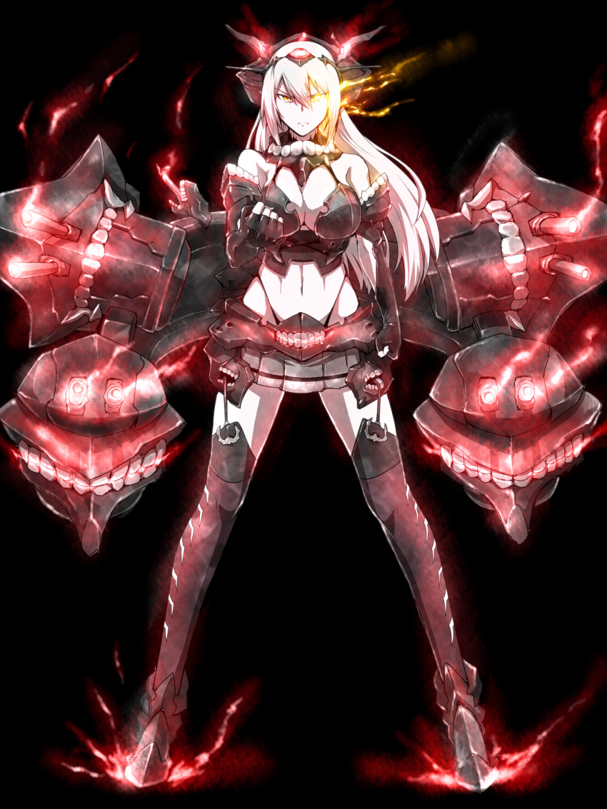 1girl, alternate_color, bare_shoulders, black_background, black_hair, breasts, dark_persona, elbow_gloves