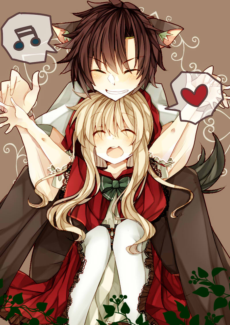 1boy, 1girl, animal_ears, big_bad_wolf_(cosplay), big_bad_wolf_(grimm), black_hair, blonde_hair, blush