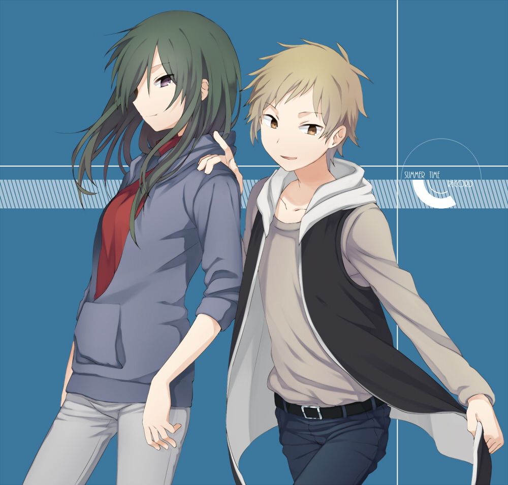1boy, 1girl, brown_eyes, brown_hair, green_hair, kagerou_project, kano_shuuya, kido_tsubomi