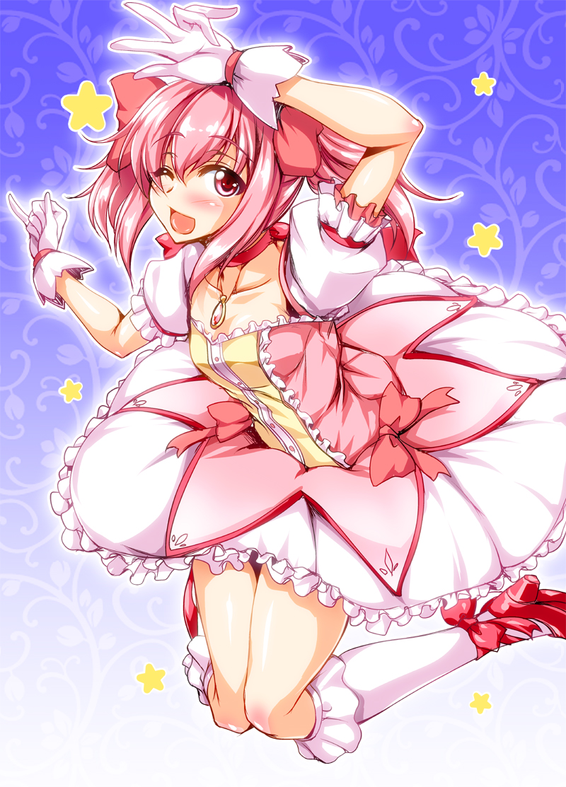 1girl, blush, choker, dress, gloves, jewelry, kaname_madoka, kanten