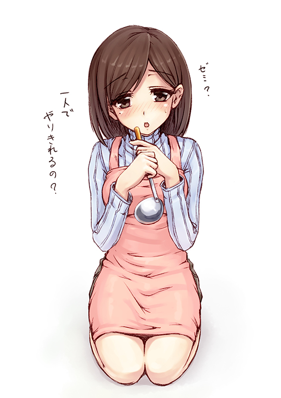 1girl, :o, apron, blush, brown_eyes, brown_hair, gogatsu_no_renkyuu, ladle