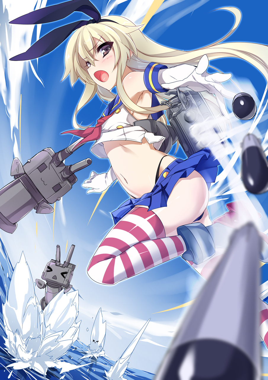 >_<, 1girl, :3, anchor, armpits, blonde_hair, brown_eyes, elbow_gloves
