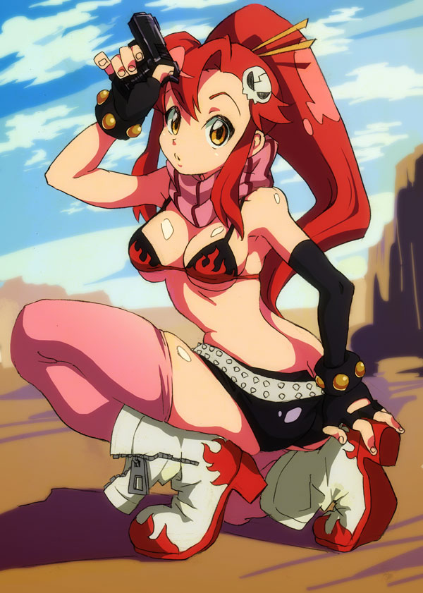 1girl, bikini_top, boots, breasts, butt_crack, cleavage, fingerless_gloves, gloves, gun, hair_ornament, kneeling, long_hair, ponytail, redhead, scarf, short_shorts, shorts, skull_hair_ornament, solo, tengen_toppa_gurren_lagann, thighhighs, walrus-ruin, weapon, yellow_eyes, yoko_littner
