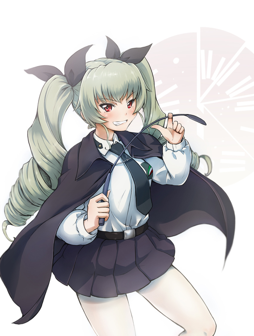 1girl, anchovy, belt, blush, cape, dress_shirt, drill_hair, eshi_(solokov)