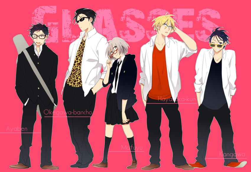 1girl, 4boys, ayabe_reito, black_eyes, black_hair, blonde_hair, gakuran, glasses