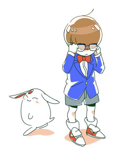 1boy, :<, ascot_(rayearth), blazer, bowtie, brown_hair, cosplay, creature