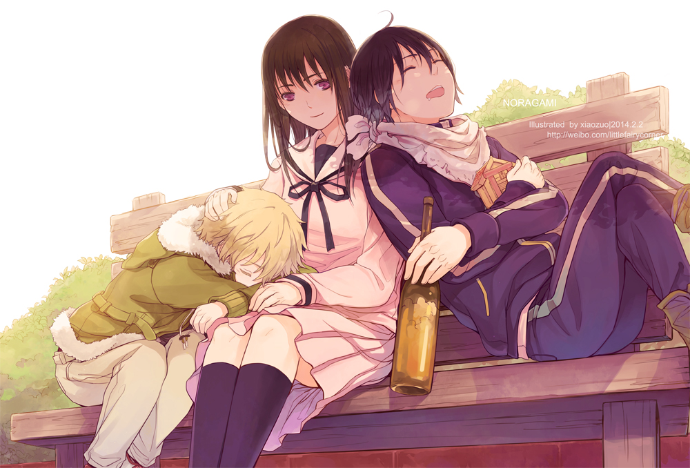 1girl, 2boys, blonde_hair, bottle, brown_hair, closed_eyes, iki_hiyori, long_hair, multiple_boys, noragami, purple_hair, school_uniform, serafuku, short_hair, sleeping, track_suit, violet_eyes, yamato5240, yato_(noragami), yukine_(noragami)