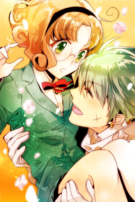 1boy, 1girl, black_hairband, blazer, bowtie, brown_hair, carrying, closed_eyes, couple, earrings, ferio_(rayearth), glasses, green_eyes, green_hair, hairband, hetero, hououji_fuu, iyutani, jewelry, magic_knight_rayearth, parted_bangs, petals, princess_carry, scar, short_hair, smile, surprised, yellow_background