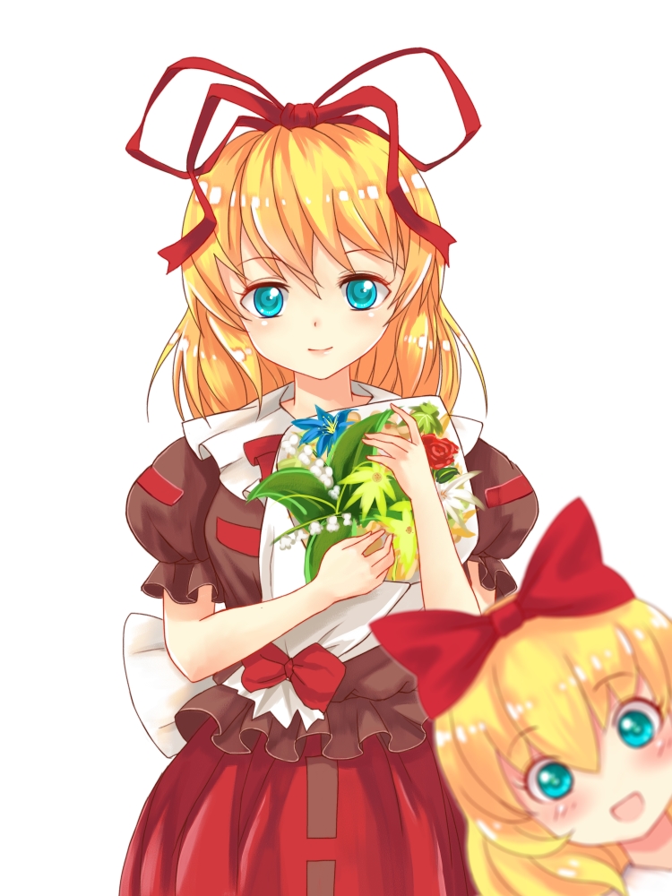 1girl, blonde_hair, blouse, blue_eyes, blurry, bouquet, bow, depth_of_field
