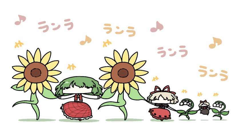 2girls, blonde_hair, dancing, dancing_flower, flower, green_hair, hair_ribbon, kazami_yuuka