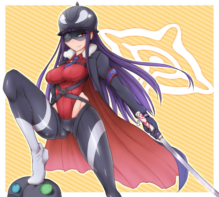 1girl, armband, belt, eyepatch, fur_trim, gloves, helmet, highleg