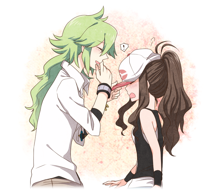 !, 1boy, 1girl, ahoge, blush, brown_hair, closed_eyes, commentary_request, couple, green_hair, hat, izumi_kikaku, long_hair, n_(pokemon), open_mouth, pokemon, pokemon_(game), pokemon_bw, ponytail, smile, touko_(pokemon)