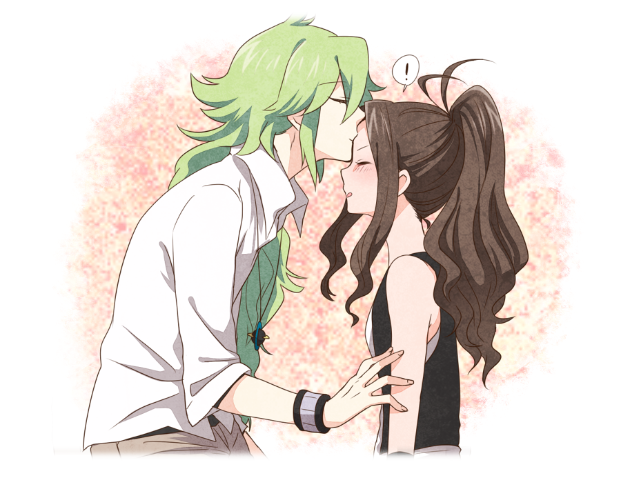 !, 1boy, 1girl, ahoge, blush, brown_hair, closed_eyes, couple, forehead_kiss, green_hair, izumi_kikaku, kiss, long_hair, n_(pokemon), pokemon, pokemon_(game), pokemon_bw, ponytail, touko_(pokemon)