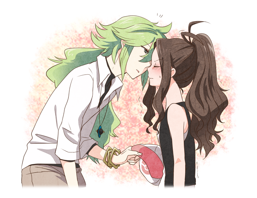 1boy, 1girl, blush, brown_hair, closed_eyes, couple, green_hair, hat