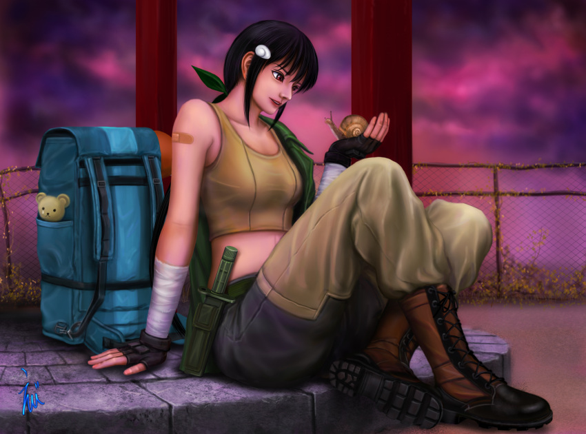 1girl, backpack, bag, bandages, bandaid, black_hair, breasts, combat_boots