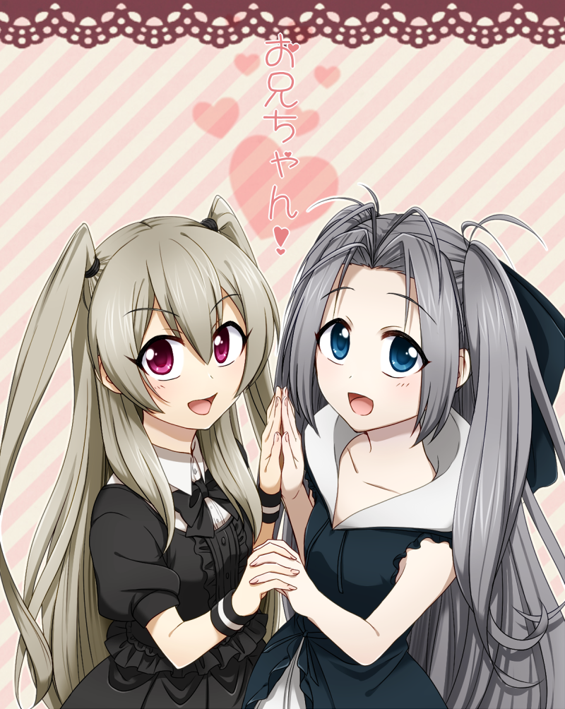 2girls, airi_(robotics;notes), blue_eyes, blush, character_request, hands_together, heart, holding_hands