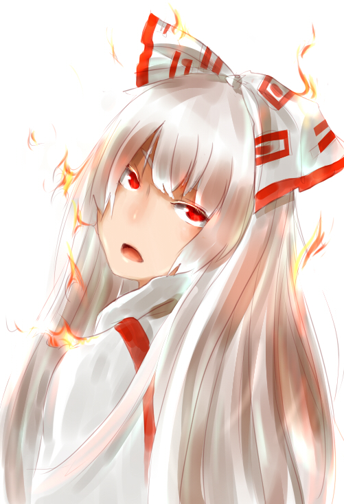 1girl, b'w_(wayen26), fire, flame, fujiwara_no_mokou, hair_ribbon, long_hair, looking_back, open_mouth, red_eyes, ribbon, silver_hair, solo, touhou, white_background