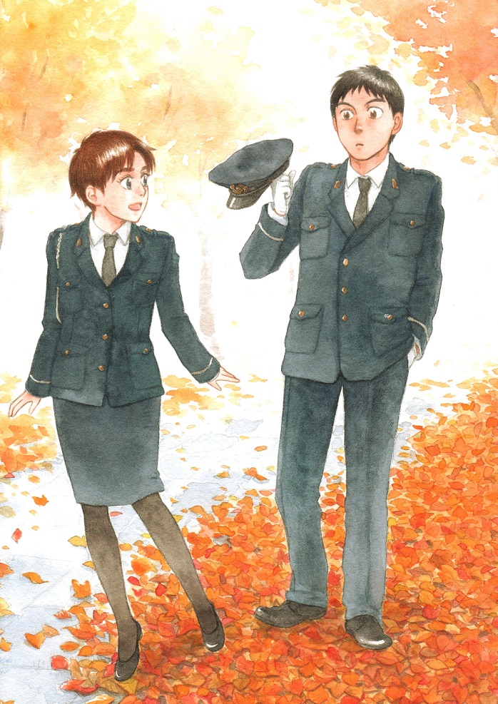 1boy, 1girl, autumn, autumn_leaves, black_hair, black_legwear, brown_hair, graphite_(medium)
