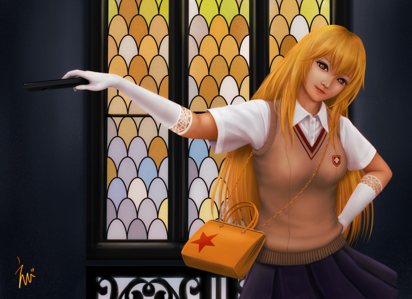 +_+, 1girl, bag, blonde_hair, breasts, brown_eyes, eeotoko, elbow_gloves