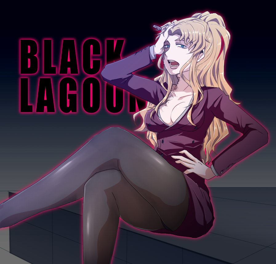 1girl, balalaika, black_lagoon, black_legwear, blonde_hair, blue_eyes, breasts, cigar, cleavage, copyright_name, crossed_legs, formal, hand_on_hip, lips, making_of, panties, panties_under_pantyhose, pantyhose, ponytail, r-ko_(rayla), scar, sitting, skirt_suit, solo, suit, underwear