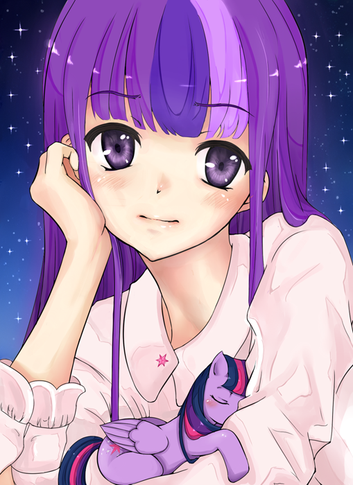 1girl, arm_support, chin_rest, d-tomoyo_(thekingkas), dual_persona, long_hair, multicolored_hair, my_little_pony, my_little_pony_friendship_is_magic, night, night_sky, pegasus, personification, purple_hair, sky, star_(sky), starry_sky, twilight_sparkle, violet_eyes