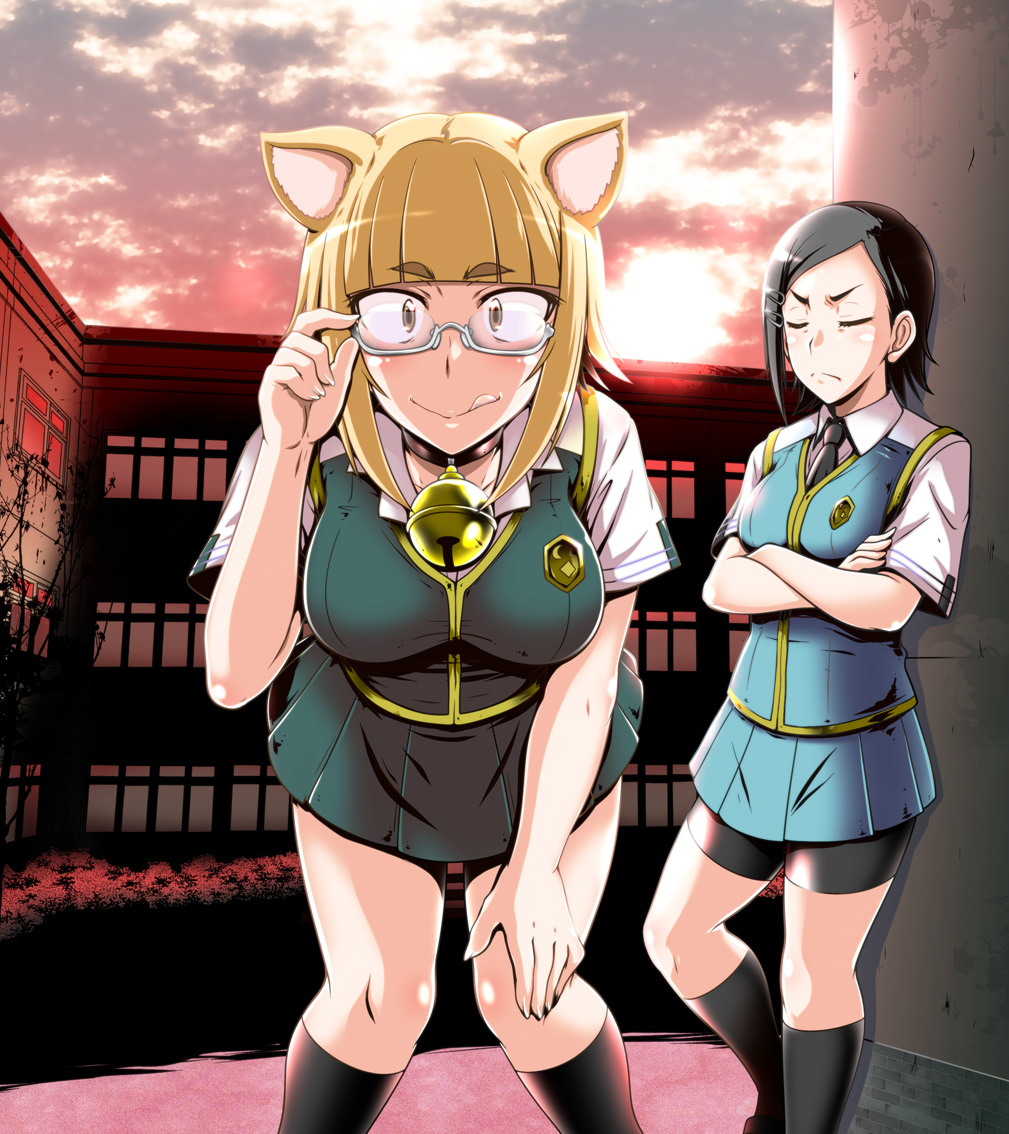 2girls, a-teru_haito, animal_ears, black_hair, blonde_hair, cat_ears, closed_eyes, glasses