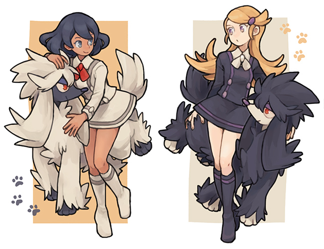 2girls, ace_trainer_(pokemon), ascot, black_hair, black_legwear, black_vs_white, blonde_hair, blue_eyes