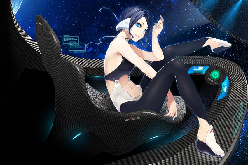 1girl, album_cover, backless_outfit, bare_shoulders, between_legs, blue_eyes, blue_hair, blue_nails