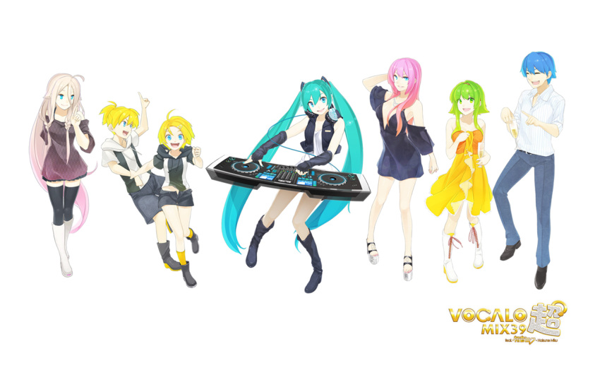 2boys, 5girls, ahoge, album_cover, alternate_costume, aqua_eyes, aqua_hair, belt, black_legwear, blonde_hair, blue_eyes, blue_hair, boots, breasts, character_name, cleavage, closed_eyes, cover, cross-laced_clothes, cup, dress, dress_shirt, elbow_gloves, fingerless_gloves, gloves, green_eyes, green_hair, gumi, hair_over_shoulder, hatsune_miku, headphones, headphones_around_neck, high_heels, hoodie, ia_(vocaloid), jeans, jewelry, kagamine_len, kagamine_rin, kaito, laughing, long_hair, megurine_luka, mixing_table, multiple_boys, multiple_girls, nail_polish, necklace, off-shoulder_sweater, open_mouth, phonograph, pink_hair, pink_nails, poaro, ponytail, shirt, shoes, short_dress, short_hair, short_hair_with_long_locks, shorts, simple_background, smile, thighhighs, toenails, turntable, twintails, unbuttoned, very_long_hair, vest, vocaloid, white_background, wine_glass, yellow_legwear