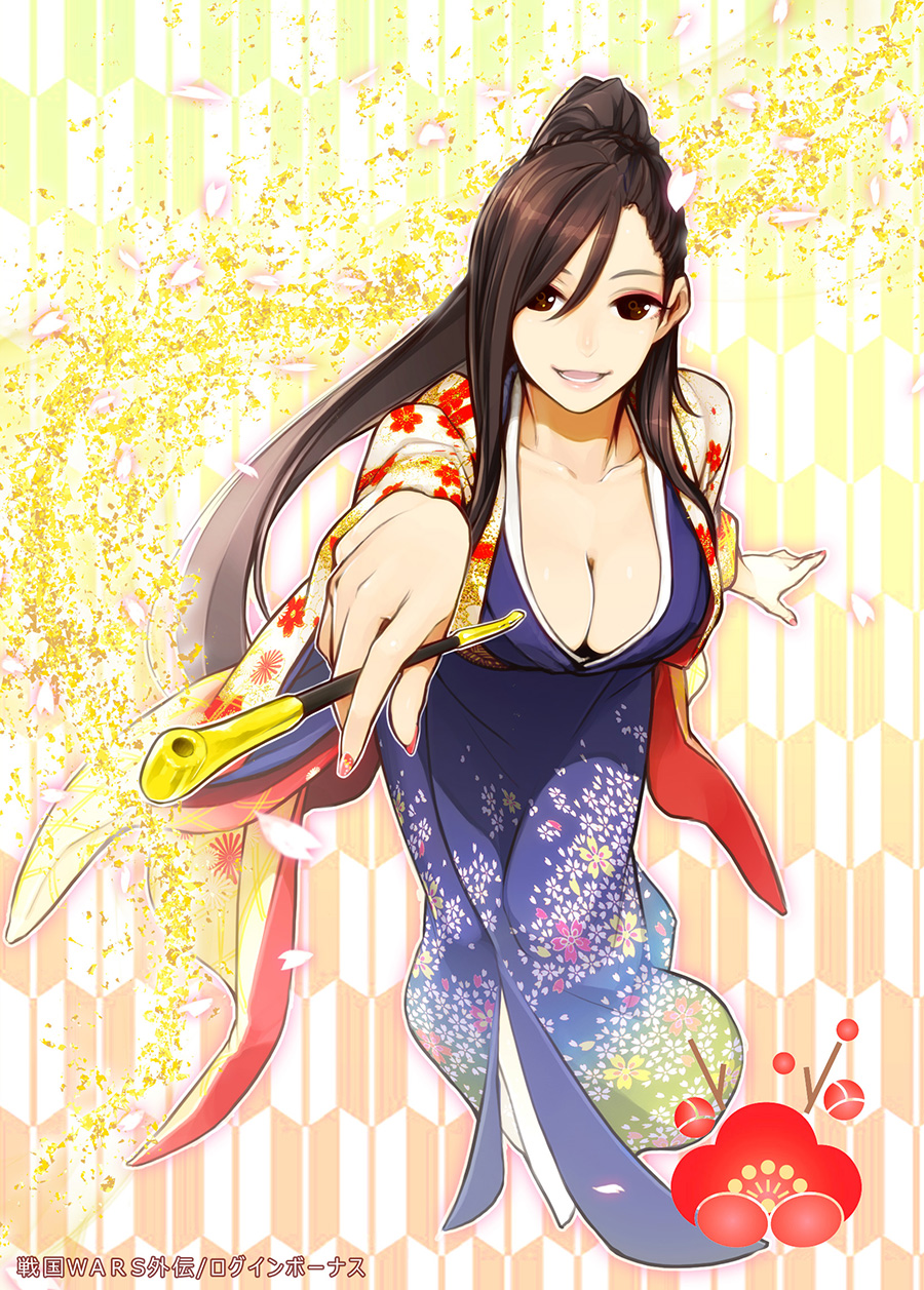 1girl, breasts, brown_eyes, brown_hair, character_request, cherry_blossoms, cleavage, collarbone