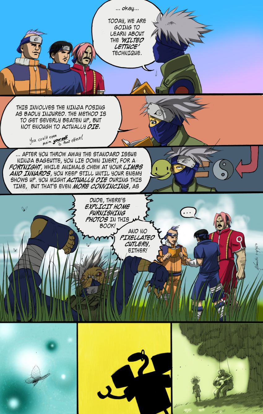 ..., 2009, book, butterfly, comic, cosplay, crossdressinging, crossover, dated, directional_arrow, english, facial_hair, freddie_mercury, gorilla, guitar, hatake_kakashi, hayashida_shinjirou, headband, highres, instrument, kamiyama_takashi, kinomoto_sakura_(cosplay), leeann_hamilton, male, mechazawa_shin'ichi, multiple_boys, mustache, naruto, pink_hair, purple_hair, sakigake!!_cromartie_koukou, spoilers, swing, tagme, uchiha_sasuke_(cosplay), uzumaki_naruto_(cosplay)