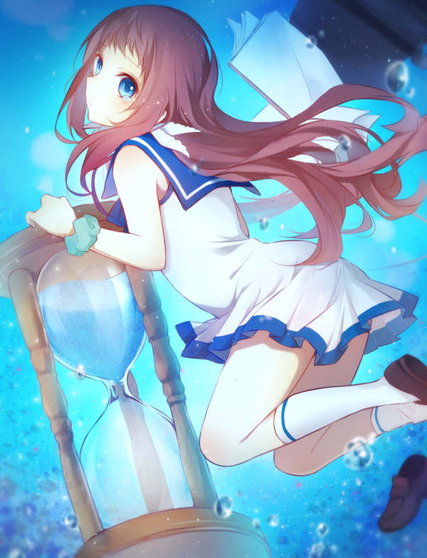1girl, blue_eyes, blue_hair, book, brown_hair, funota, hourglass, long_hair