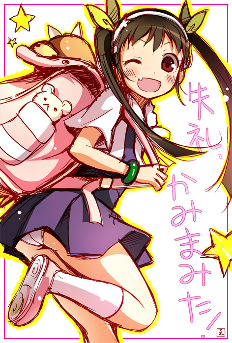 1girl, backpack, bag, bakemonogatari, black_hair, daikan'yama_ebisu, fang, hachikuji_mayoi