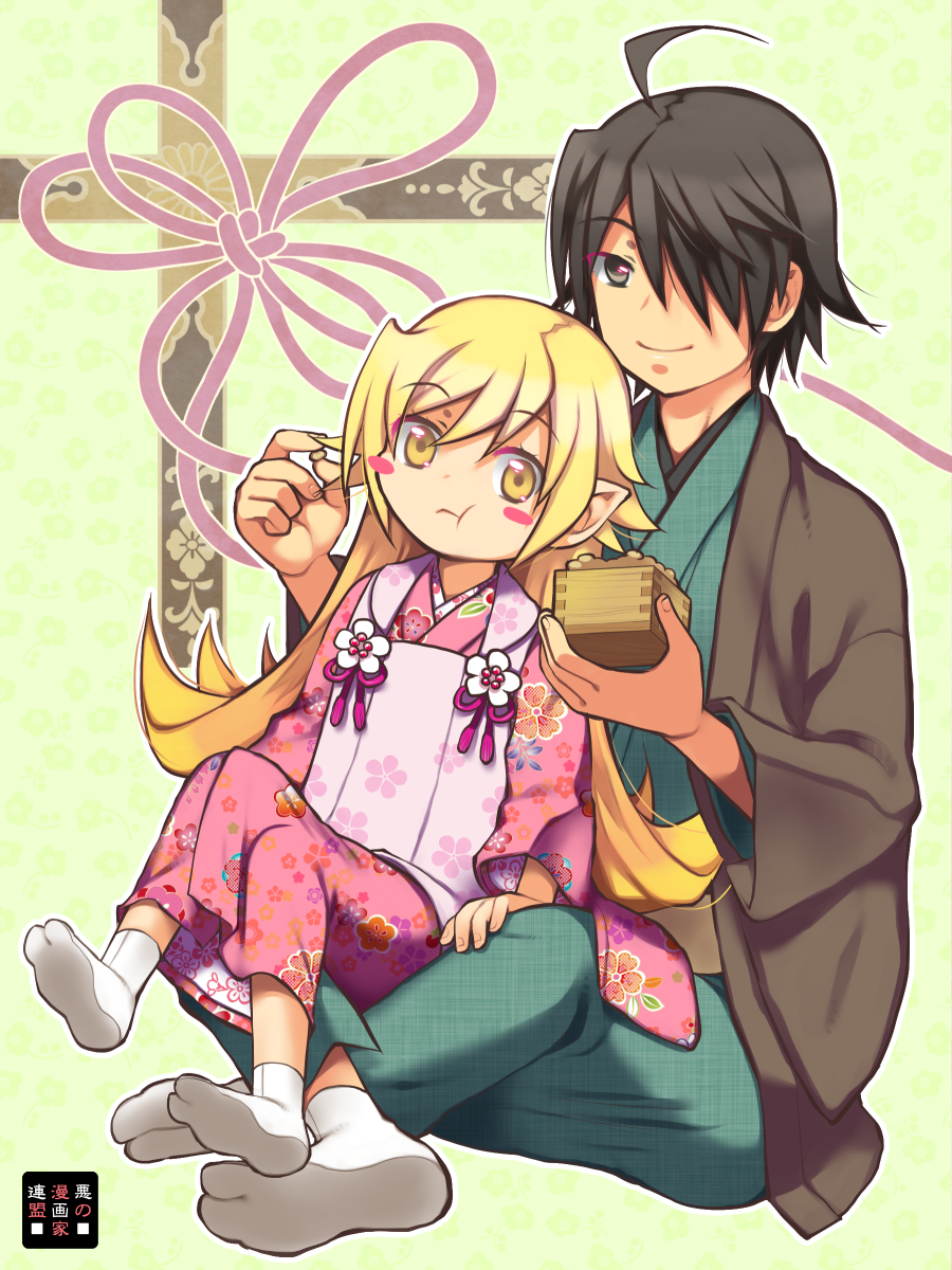 1boy, 1girl, ahoge, araragi_koyomi, bakemonogatari, beans, black_eyes, black_hair