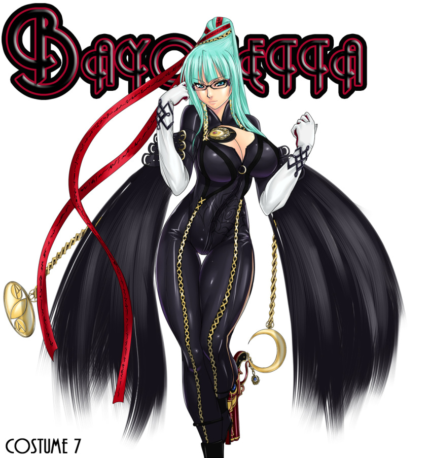 1girl, aqua_eyes, aqua_hair, bayonetta, bayonetta_(character), bayonetta_(cosplay), beehive_hairdo, bodysuit