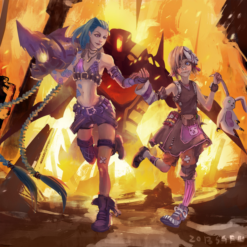 absurdly_long_hair, bags_under_eyes, bandages, bandaid, bare_shoulders, bikini_top, blonde_hair, blue_eyes, blue_hair, borderlands_2, braid, bullet, fingerless_gloves, flat_chest, gloves, grin, jewelry, jinx_(league_of_legends), league_of_legends, long_hair, mask, nail_polish, navel, necklace, sgfw, smile, stuffed_animal, stuffed_toy, tattoo, thighhighs, tiny_tina, twin_braids, very_long_hair, violet_eyes, weapon