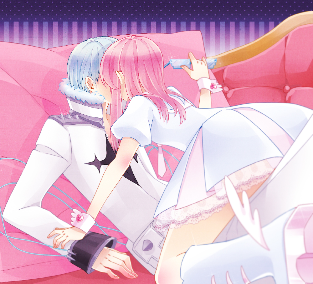 1boy, 1girl, couple, dress, foreshortening, glasses, glasses_removed, hair_down