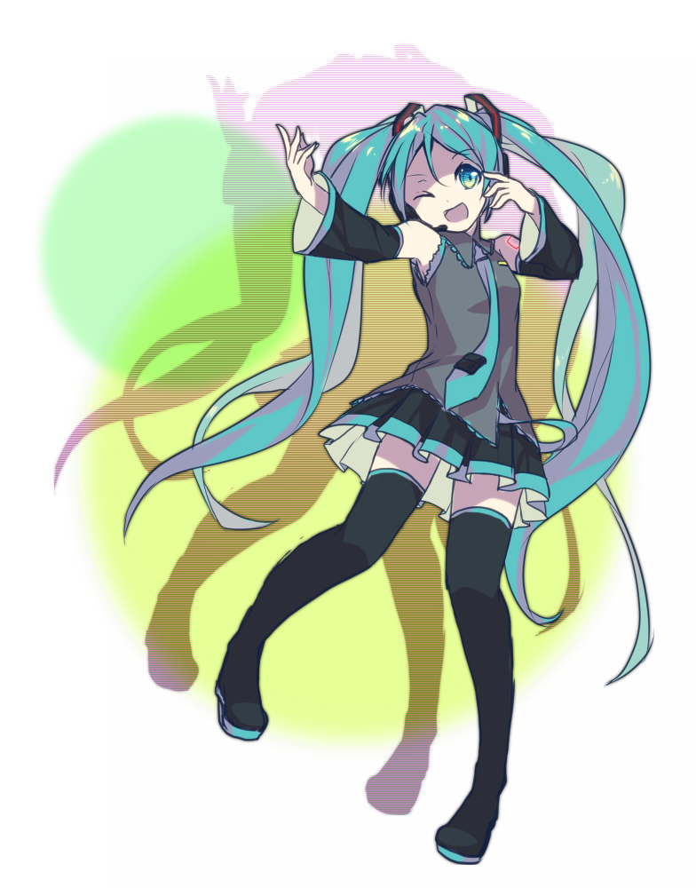 1girl, aoi_koto_madoka, aqua_eyes, aqua_hair, boots, detached_sleeves, hatsune_miku, headset, long_hair, necktie, open_mouth, skirt, solo, thigh_boots, thighhighs, twintails, very_long_hair, vocaloid, wink
