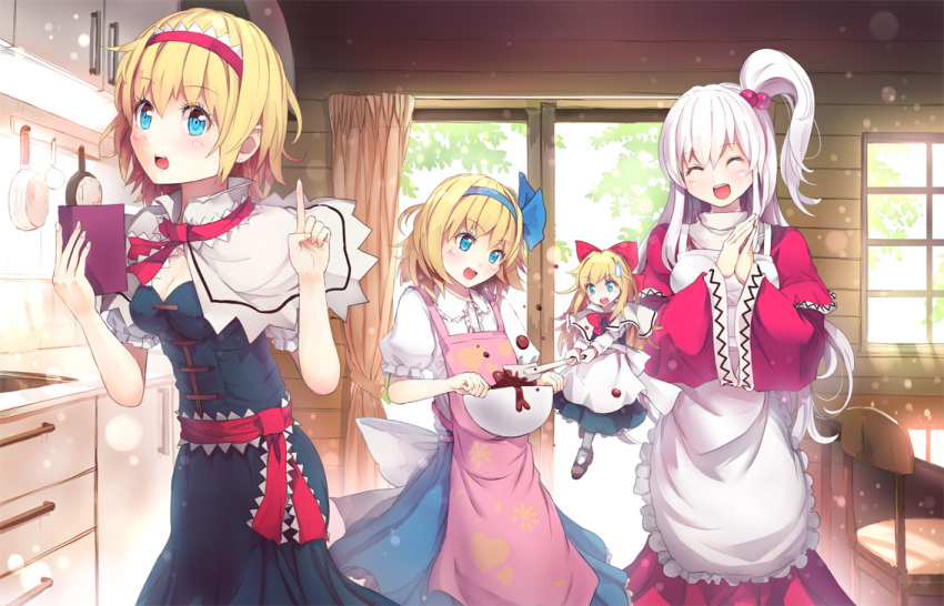 3girls, alice_margatroid, alice_margatroid_(pc-98), apron, blonde_hair, blue_eyes, blush, capelet, culter, dress, hair_bobbles, hair_ornament, hairband, kitchen, long_hair, mixing_bowl, multiple_girls, open_mouth, ribbon, shanghai_doll, shinki, short_hair, side_ponytail, silver_hair, smile, table, touhou, touhou_(pc-98)