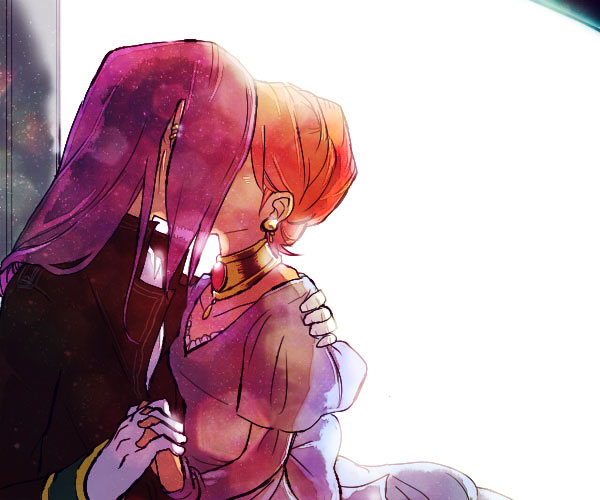 2girls, backlighting, ear_piercing, earrings, faris_scherwiz, final_fantasy, final_fantasy_v, formal, gloves, hair_up, holding, holding_hands, incest, interlocked_fingers, jewelry, juliet_sleeves, kiss, lenna_charlotte_tycoon, long_hair, long_sleeves, meki-t, multiple_girls, necklace, orange_hair, piercing, puffy_sleeves, siblings, sisters, white_gloves, yuri