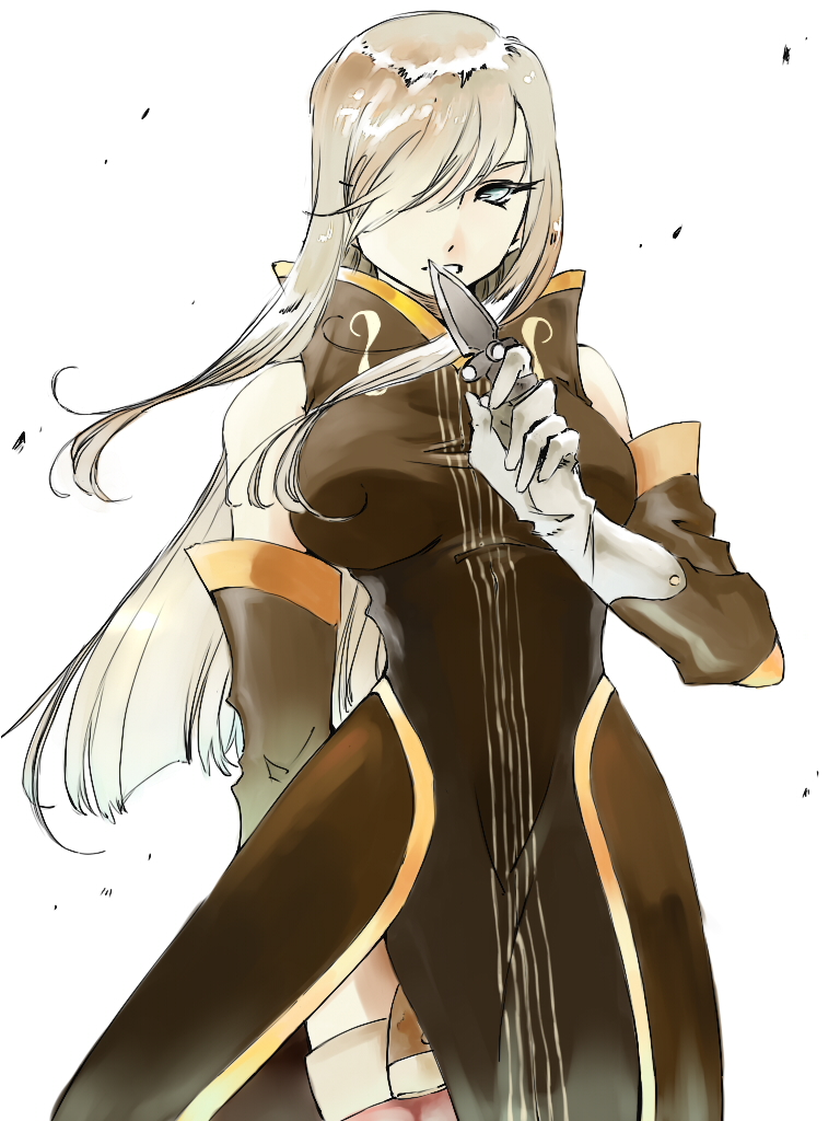 1girl, blue_eyes, breasts, detached_sleeves, faulds, gloves, hair_over_one_eye, knife, large_breasts, light_brown_hair, long_hair, rurouni187, solo, tales_of_(series), tales_of_the_abyss, tear_grants, thighhighs