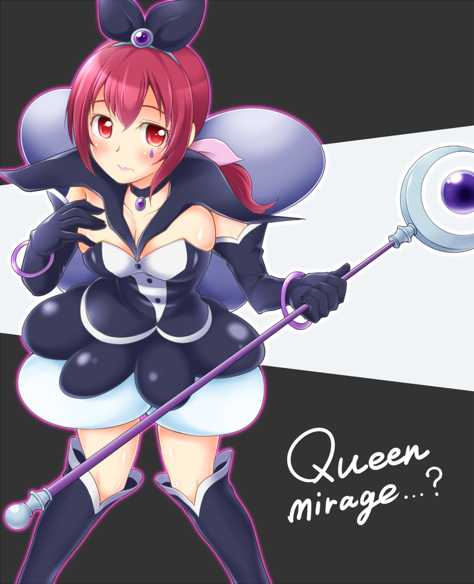1girl, arakawa_tarou, black_gloves, blush, boots, bow, choker, cosplay, elbow_gloves, gloves, hair_bow, hairband, happinesscharge_precure!, highres, hoshizora_ikuyo, impossible_clothes, knee_boots, kouda_mariko, pink_eyes, pink_hair, ponytail, precure, queen_mirage, queen_mirage_(cosplay), seiyuu_connection, short_hair, skirt, smile_precure!, solo, staff, wavy_mouth