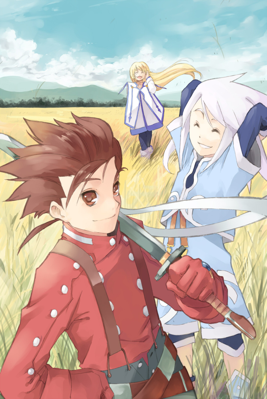 1girl, 2boys, blonde_hair, brown_hair, cape, closed_eyes, collet_brunel, field